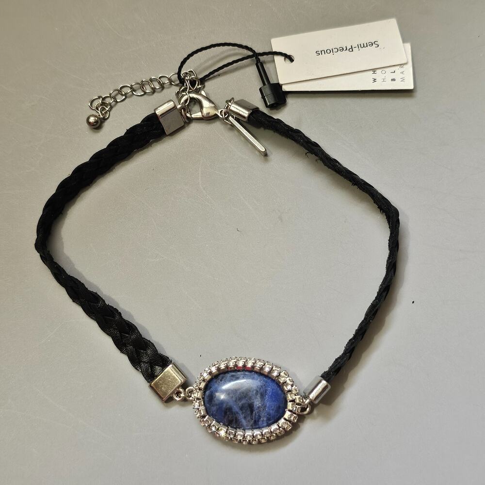 WHBM Semi Precious Stone Rhinestone Halo Black Leather Braided Choker Necklace